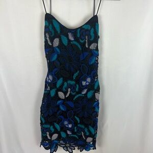 Elegant Black and Blue Floral Lace Dress